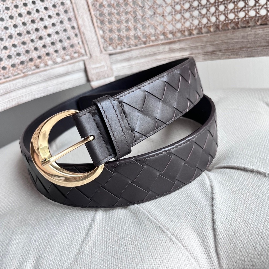 Bottega Veneta Woven Leather Belt With Gold Buckle - Black